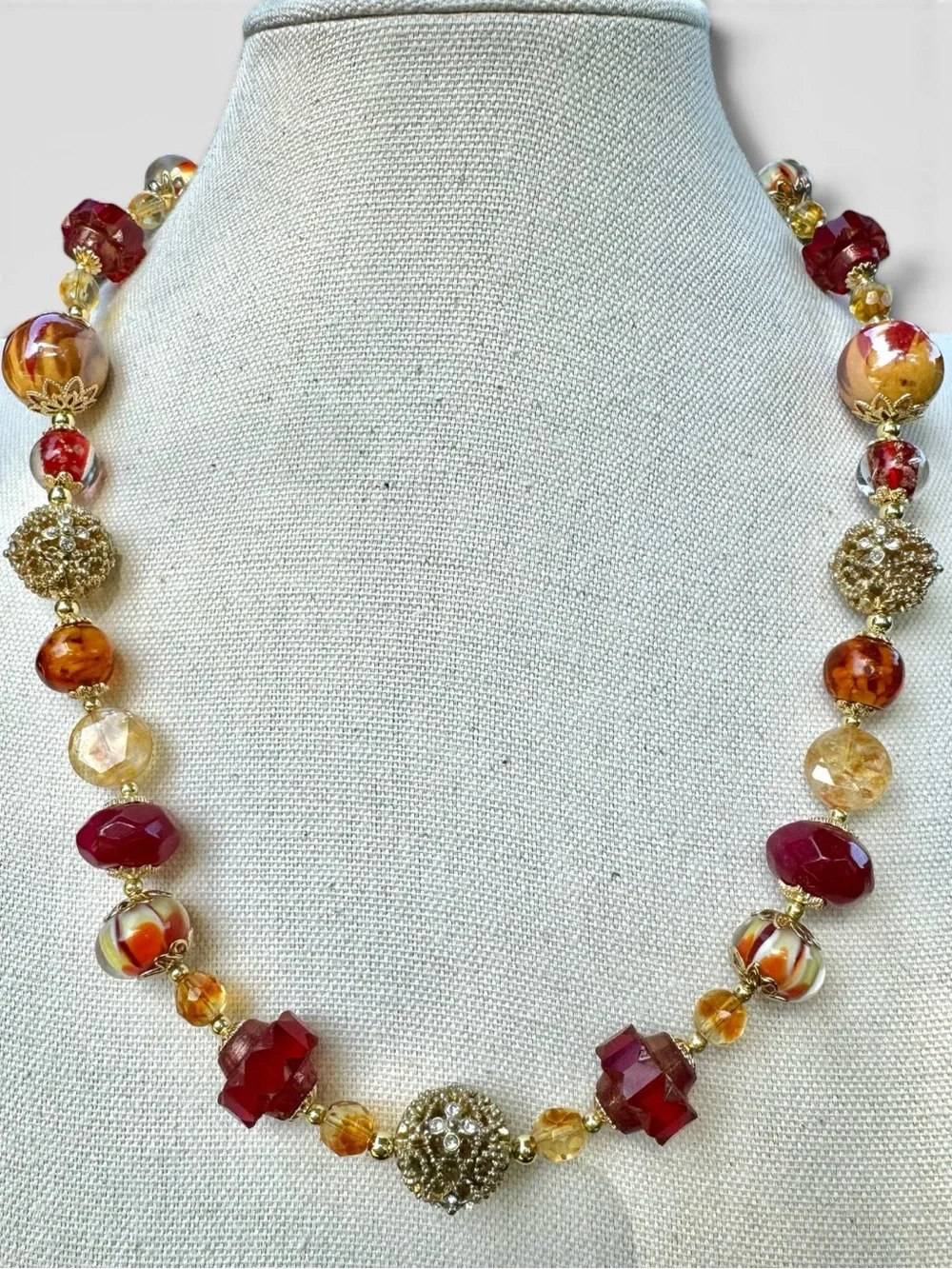 ARTISAN Lampwork Glass, Czech Glass, Ruby & Citrine Necklace